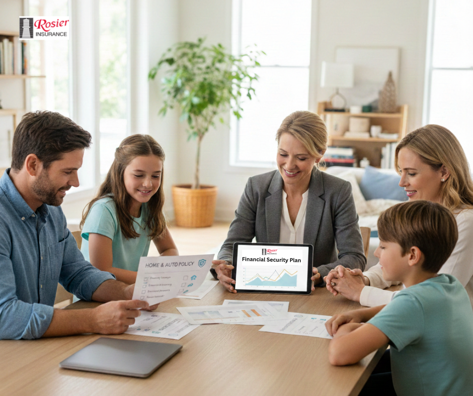 Family meeting with an insurance advisor at home reviewing policy documents and financial security plan.